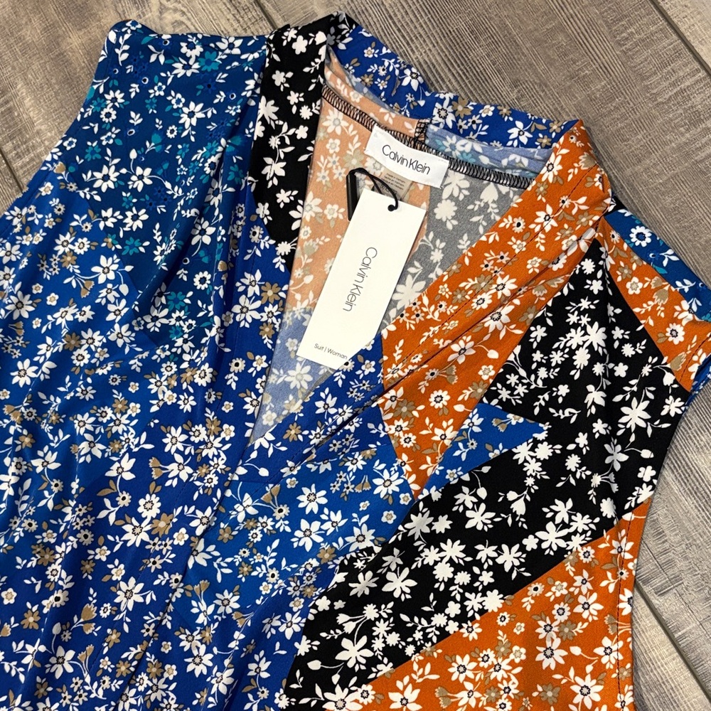 Calvin Klein Floral Patchwork Sleeveless Blouse Blue Orange Black NWT 1X - Picture 2 of 7